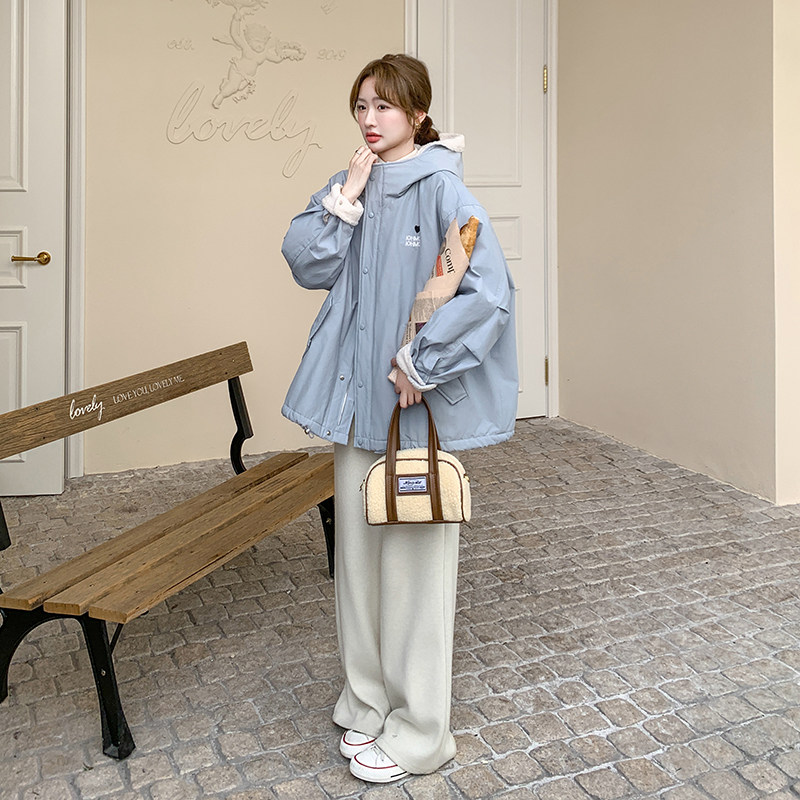 浅蓝色短款连帽棉服女韩系新款派克服保暖棉衣外套6110P215K328图片