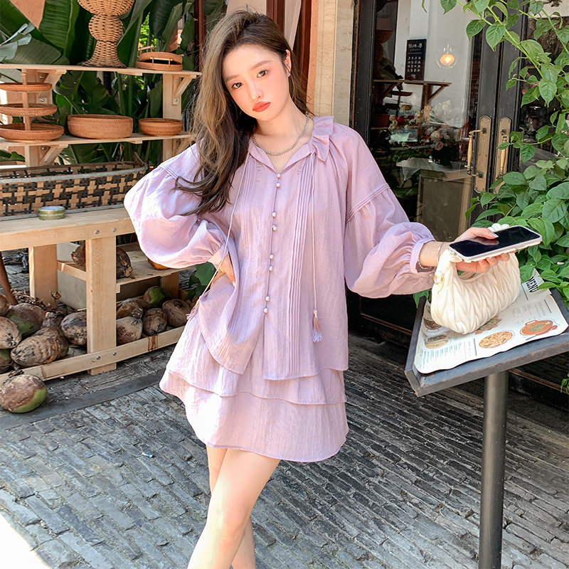 紫色休闲套装裙女2025夏季新款韩系甜美减龄防晒衬衫半身裙两件套图片