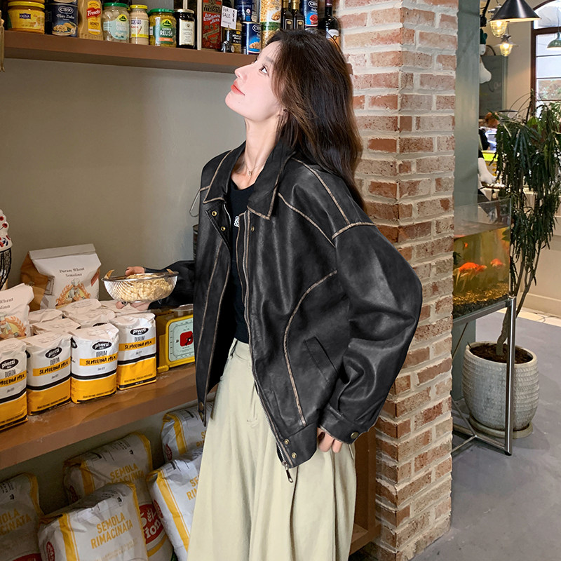 大货超酷机车皮衣夹克春女新款美式两色复古上衣外套A809P135K198,女装皮衣,2C082