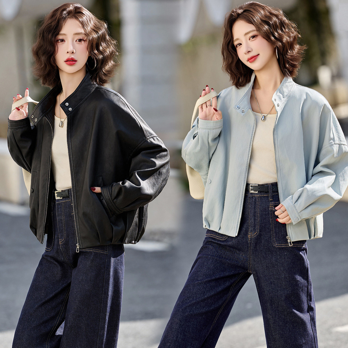 2026春季新款现货小个子洋气立领浅色皮衣短外套百搭宽松夹克,女装短外套,英标秀（1C119）