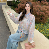 新中式风复古刺绣提花薄款防晒空调服夹克短款外套+牛仔裤套装，女装套装/套裙，2D148