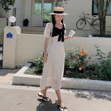 法式拼接蝴蝶结设计感连衣裙女2023夏新款法式轻熟风仙女露背长裙，女装连衣裙，2C269
