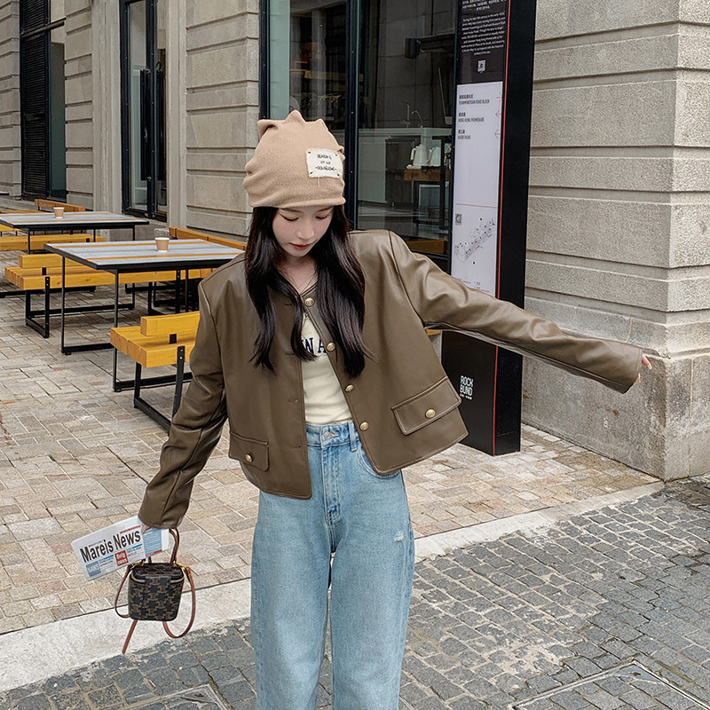 小香风皮衣外套女5春秋新款pu皮夹克机车服气质炸街设计感韩系,女装短外套,2C075