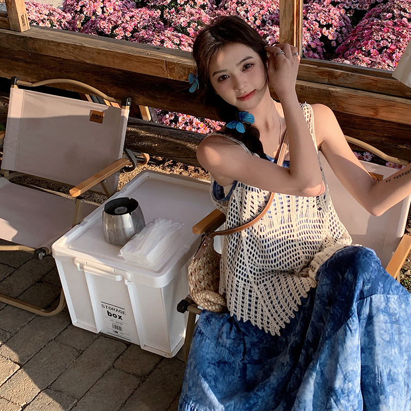 海边度假风吊带连衣裙套装女2025夏季新款时尚气质拼色罩衫两件套,女装连衣裙,2C177