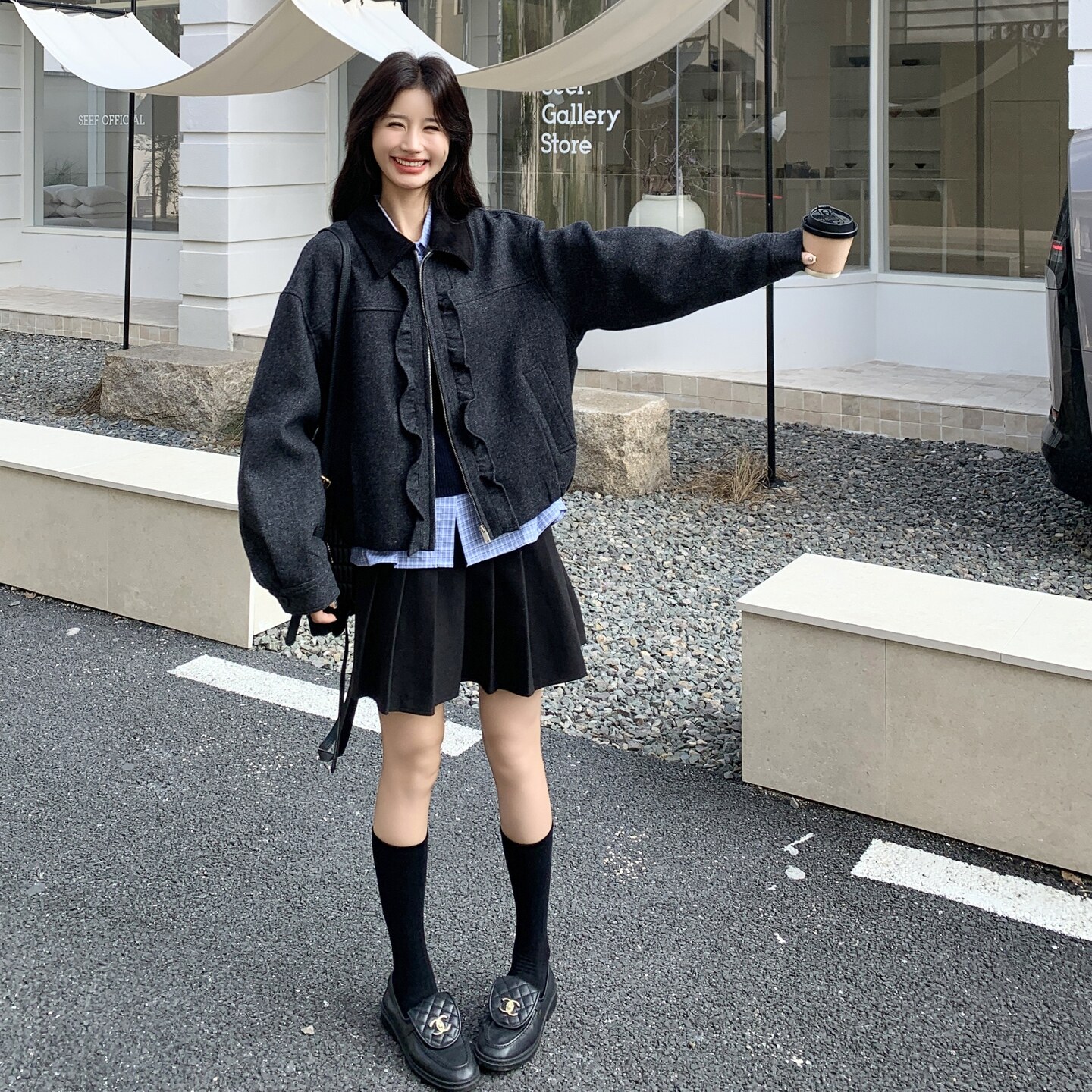 美式复古宽松显瘦翻领工装外套短款夹克女秋冬休闲加厚棒球服,女装短外套,2C166