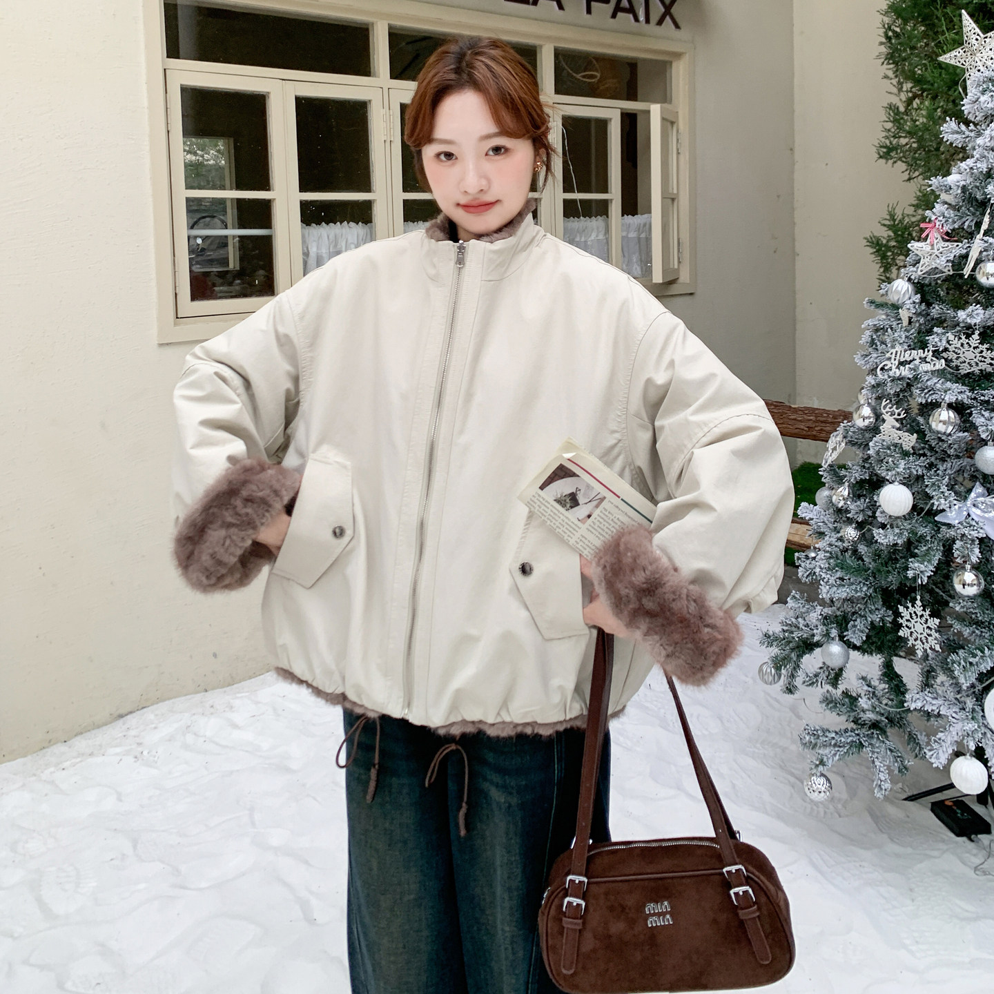 小众设计感两面穿棉服女冬季短款小个子韩版加厚羊羔毛保暖外套,女装派克服,2C166