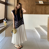 宽松背带夏季长裙格子拼接高腰连衣裙法式显瘦时尚，女装连衣裙，2C098