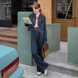 气质高级感牛仔套装裤女2025秋新款一整套穿搭拼色夹克宽松阔腿裤，女装套装/套裙，2C159
