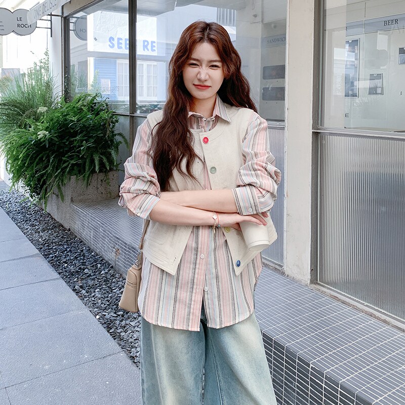 甜美条纹衬衫休闲马甲套装女2025春秋季新款设计感小众显瘦两件套,女装短外套,2C323