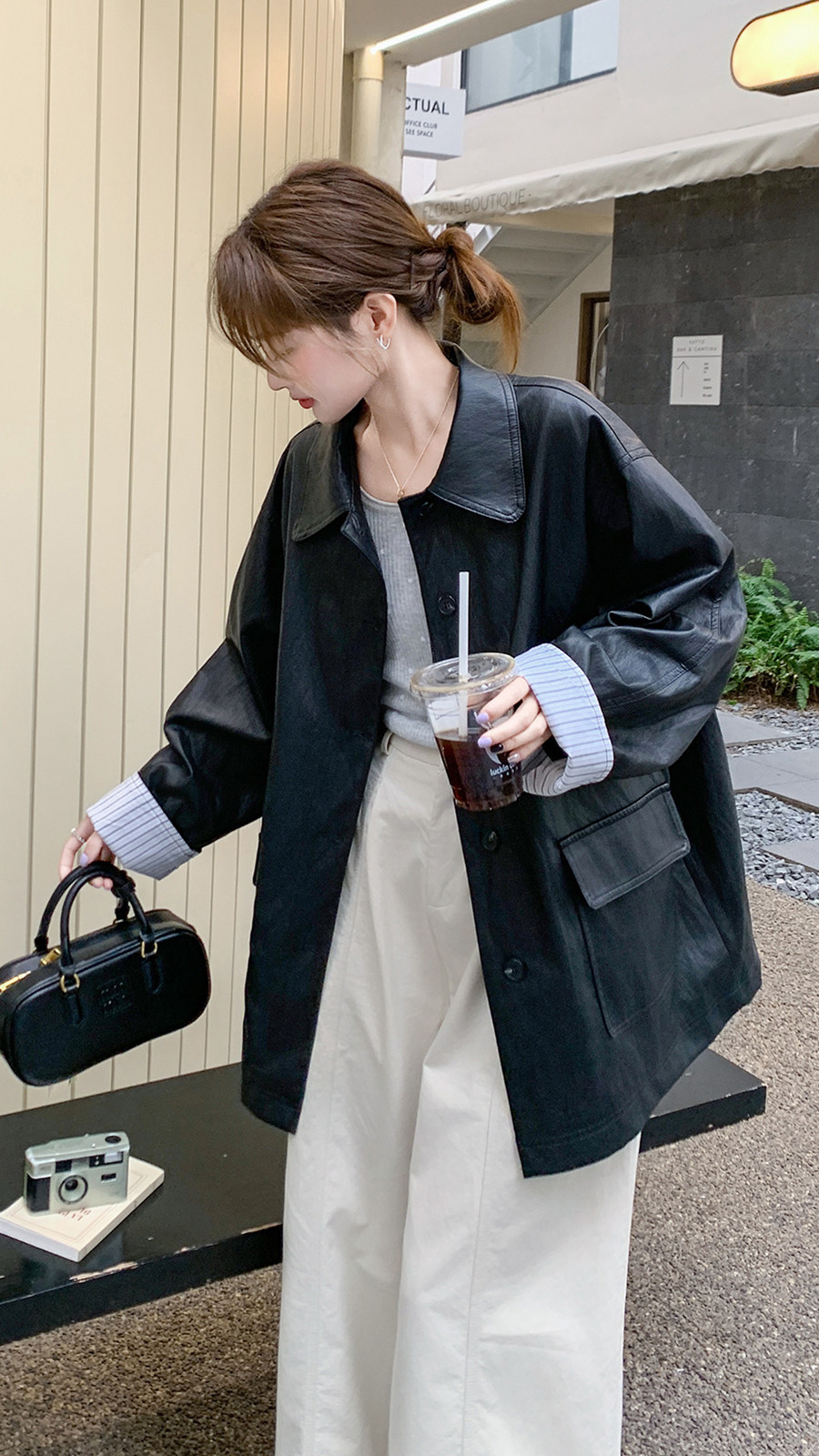 黑色翻领PU皮衣外套女2025秋季新款复古通勤风高级感酷飒夹克上衣,女装皮衣,2C258