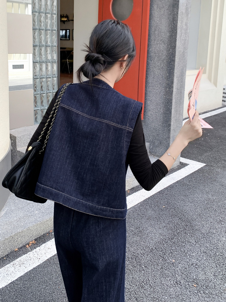 港风时尚设计感牛仔套装女2025年春秋季新款宽松外套阔腿裤两件套图片