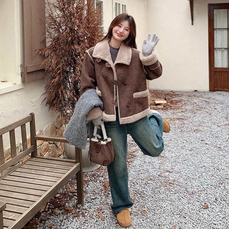 韩版复古美拉德皮毛一体棉服女2025年冬季新款显瘦短款羊羔毛外套,女装皮草,2C098