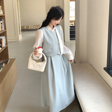 蓝色拼接假两件连衣裙女2025春季新款法式高级感气质显瘦a字长裙，女装连衣裙，2C218