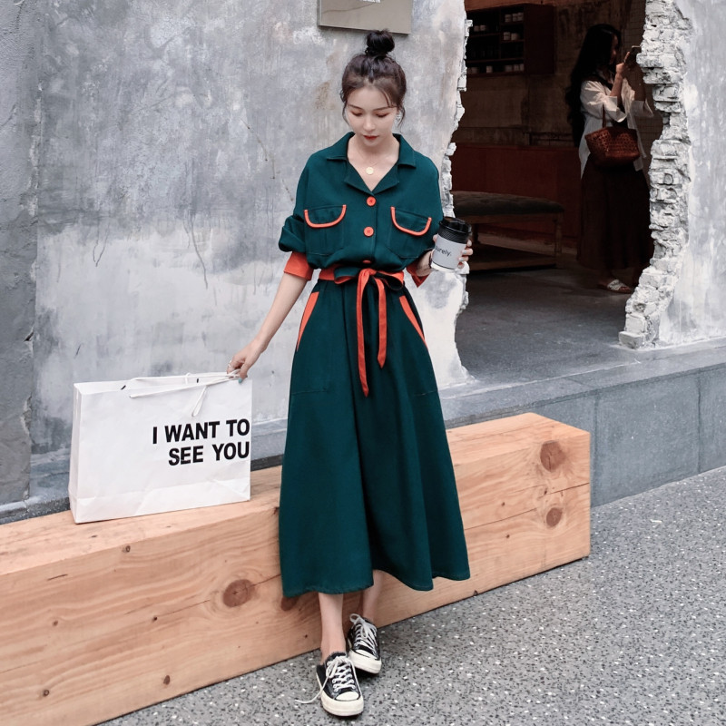 墨绿色休闲显瘦连衣裙女2025春秋季新款法式高级感气质长袖衬衫裙,女装连衣裙,2C056
