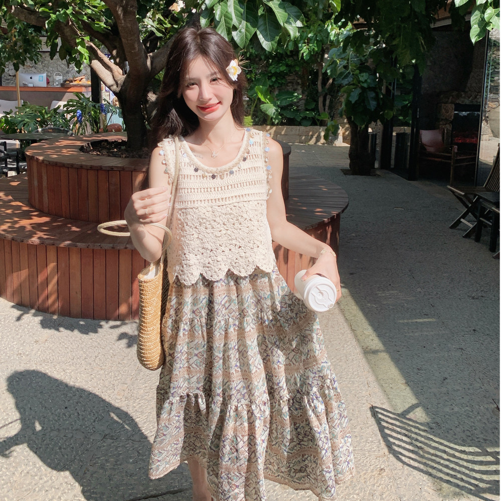 波西米亚风罩衫吊带裙套装女2025夏季新款高级感碎花连衣裙两件套,女装套装/套裙,2C259