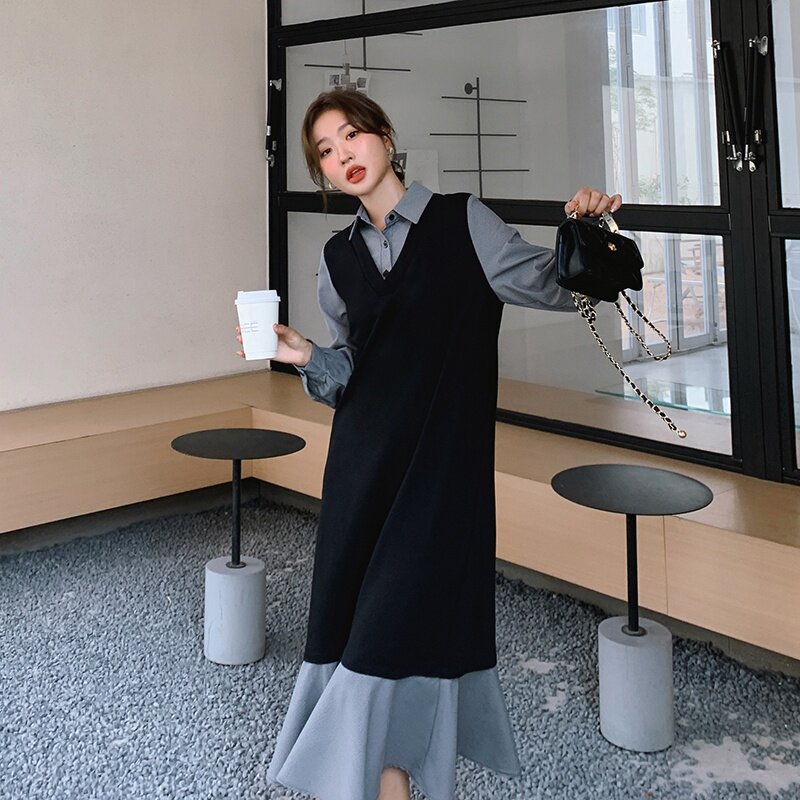 法式气质假两件衬衫连衣裙女2025春秋季新款韩版收腰显瘦盐系长裙,女装连衣裙,2C018