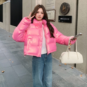韩版简约立领亮面棉服女2025年冬季新款小个子超好看加厚保暖外套图片