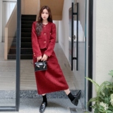 红色韩系小香风毛呢外套半身裙女秋冬2025新款一整套ootd气质穿搭，女装套装/套裙，2C206