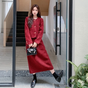 红色韩系小香风毛呢外套半身裙女秋冬2025新款一整套ootd气质穿搭图片