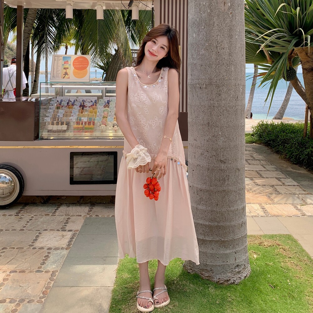 现货主推！蕾丝拼接粉色连衣裙带亮片2025夏季新款裙子P135K188,女装连衣裙,2C320