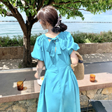 长裙泡泡袖V领法式v领中长连衣裙夏季法式休闲风国风时尚长裙大码，女装连衣裙，2C098
