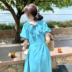 长裙泡泡袖V领法式v领中长连衣裙夏季法式休闲风国风时尚长裙大码图片
