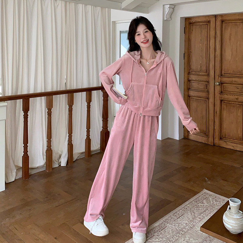 粉色减龄休闲连帽卫衣套装女2025春秋新款显瘦阔腿裤运动服两件套,女装套装/套裙,2C009