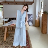 2025夏季法式简约风气质前后两穿木耳边上衣宽松显瘦阔腿裤两件套，女装套装/套裙，2C135