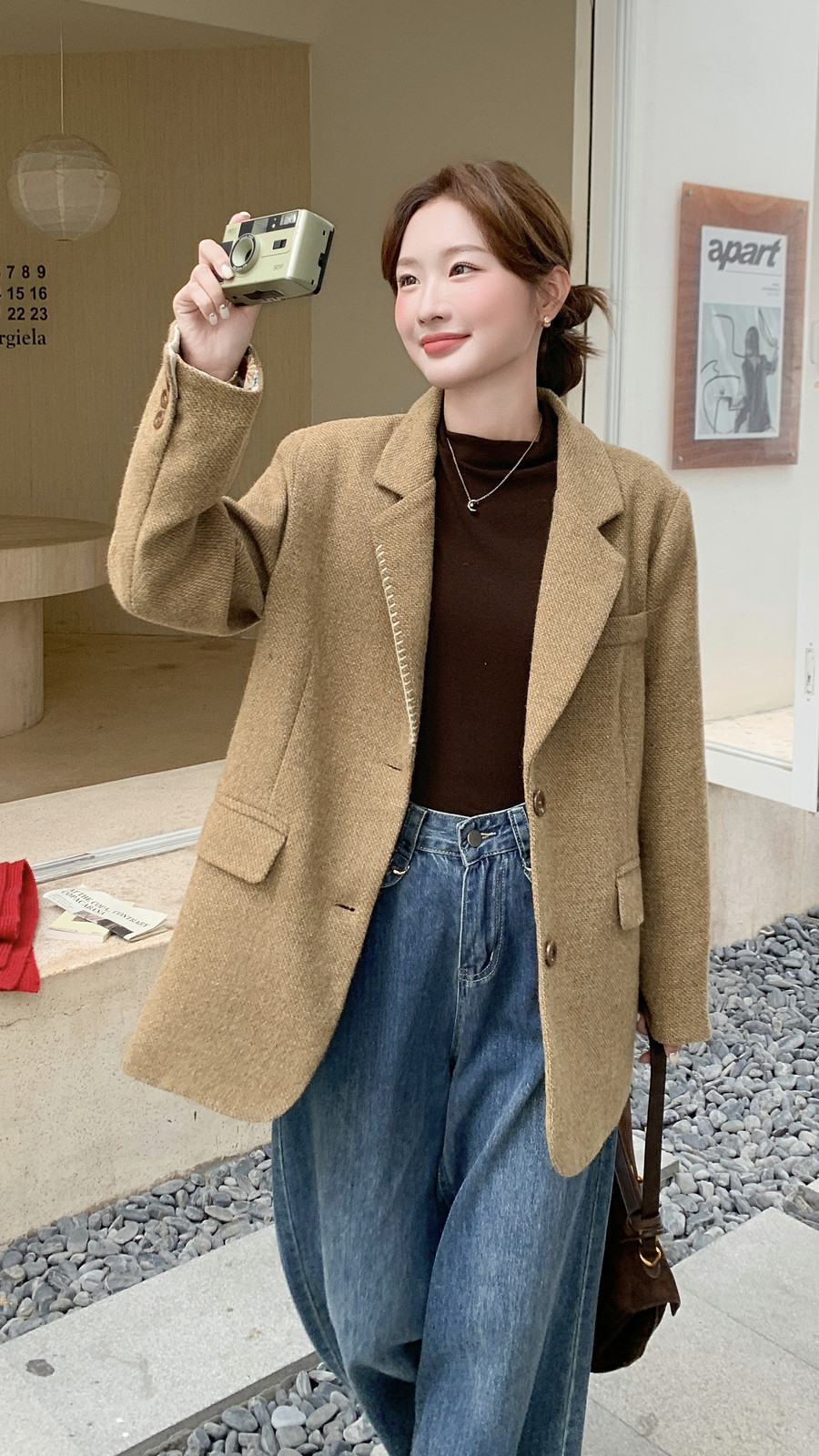卡其色印花粗花西装羊毛外套女2025秋季新款宽松休闲高级气质西服,女装毛呢外套,2C258