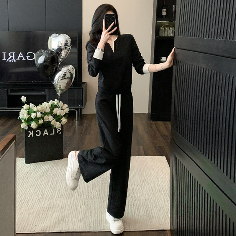 个性简约休闲时尚套装女春新高级感气质拼接V领卫衣阔腿裤两件套,女装套装/套裙,2C310