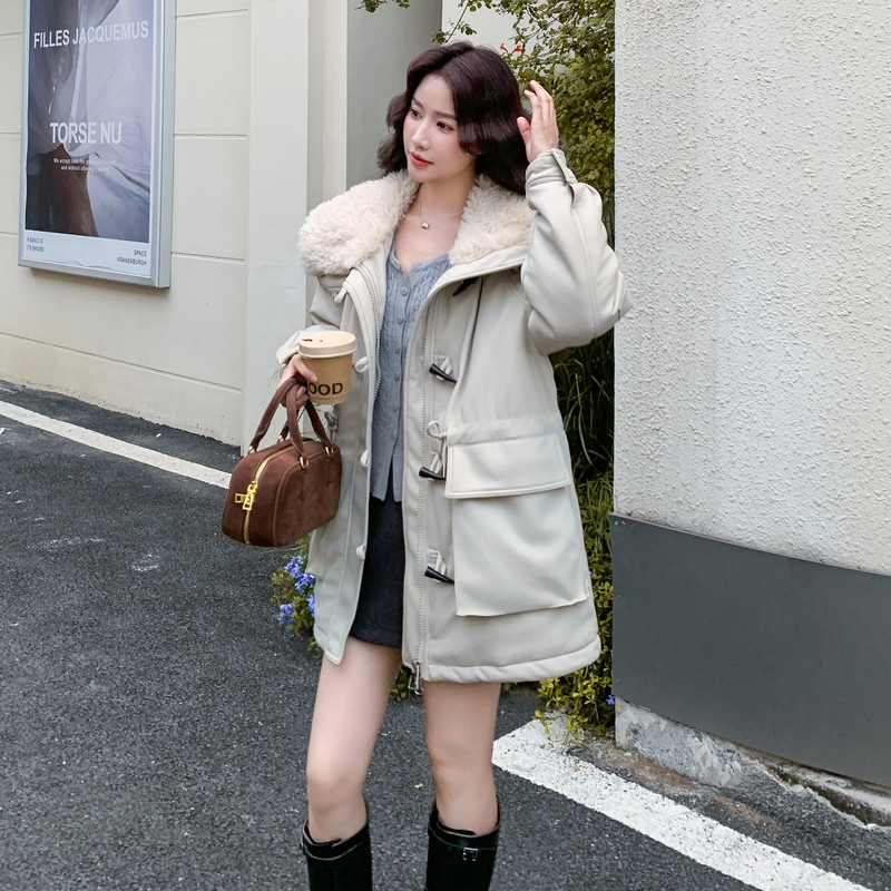 高级感羊羔毛牛角扣夹棉外套棉袄女秋冬2025新款pu皮衣棉服派克服,女装棉衣/棉服,2B140