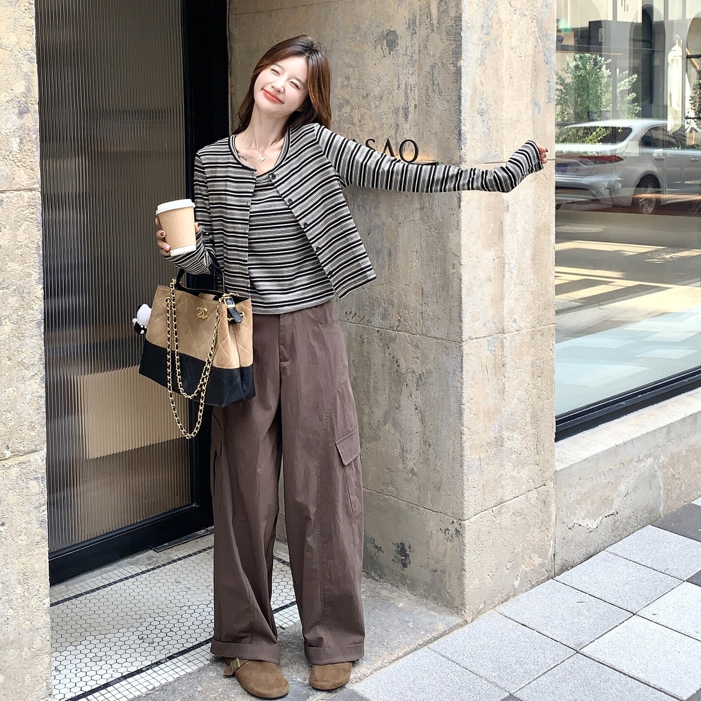 复古条纹开衫套装女2025秋季新款韩系老钱风穿搭背心阔腿裤三件套,女装套装/套裙,2C166