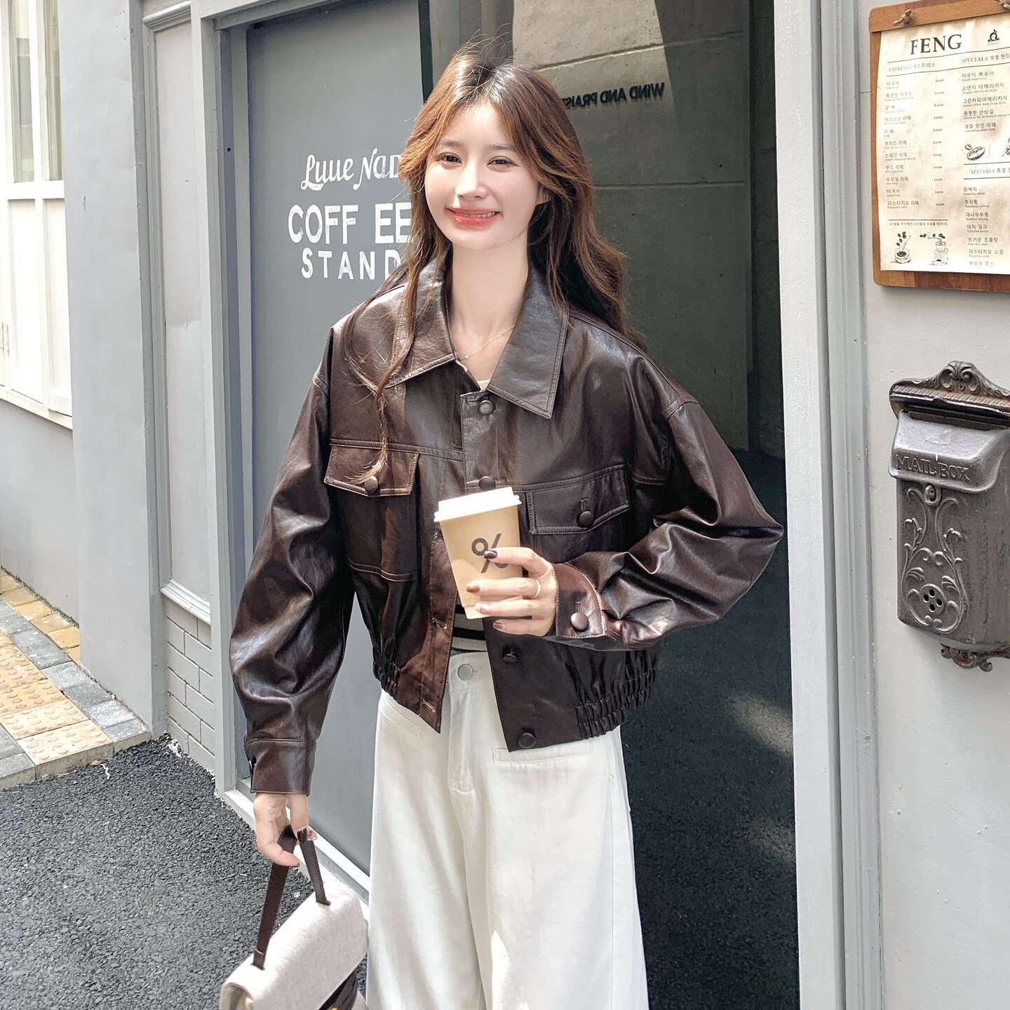 美拉德咖色机车皮衣外套女2025秋季新款韩版小个子甜酷风pu皮夹克,女装短外套,2C012
