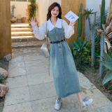 娃娃领衬衫牛仔背带裙套装女2025年秋季新款收腰设计感a字连衣裙，女装套装/套裙，2C159