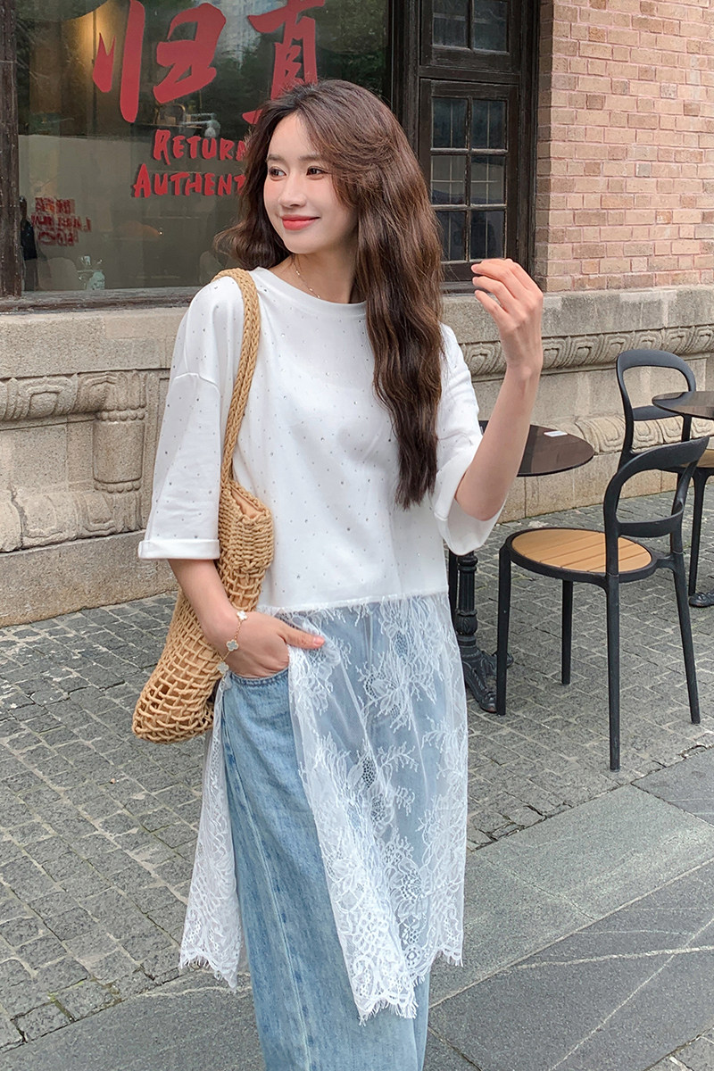 2025新款春装现货重工烫钻蕾丝屁帘打底衫2C087-25831-P110-K173,女装蕾丝衫/雪纺衫,2C087