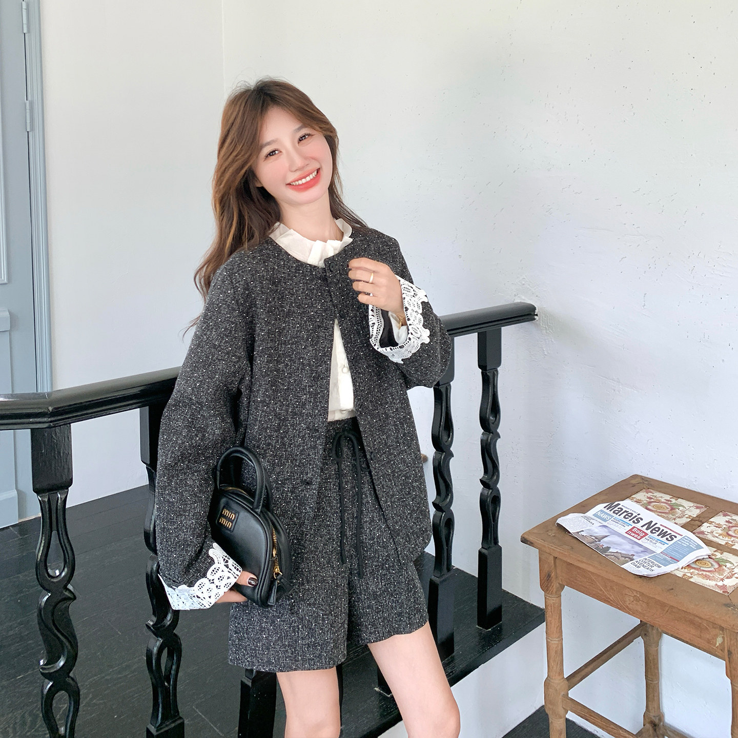 灰色波点小香风套装女2025秋季新款复古宽松外套短裤小个子两件套,女装套装/套裙,2D043