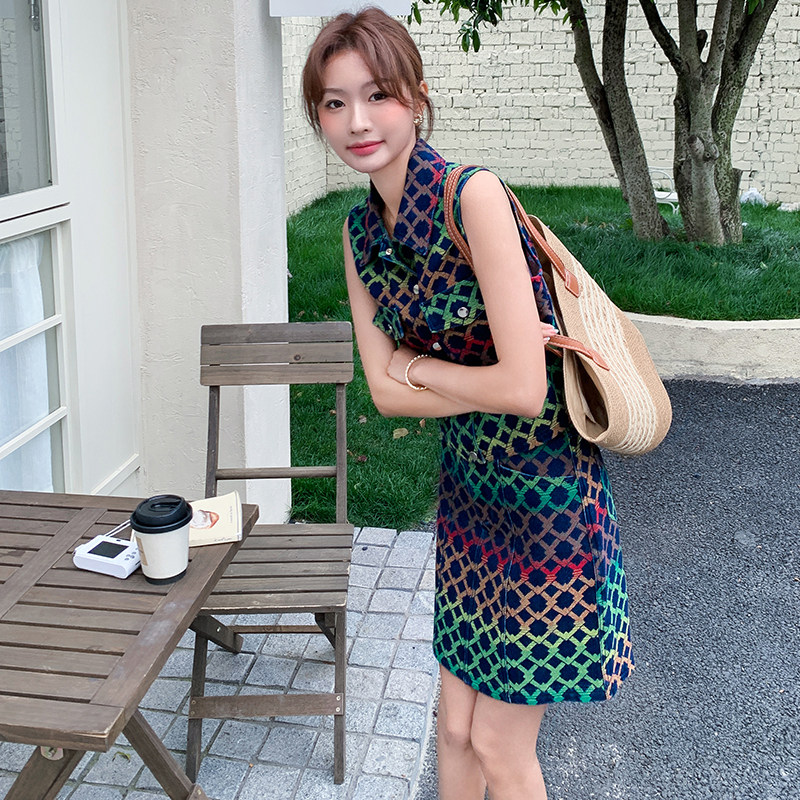 小众设计印花撞色无袖马甲套装女夏2025新款小个子半身裙两件套,女装套装/套裙,2C030