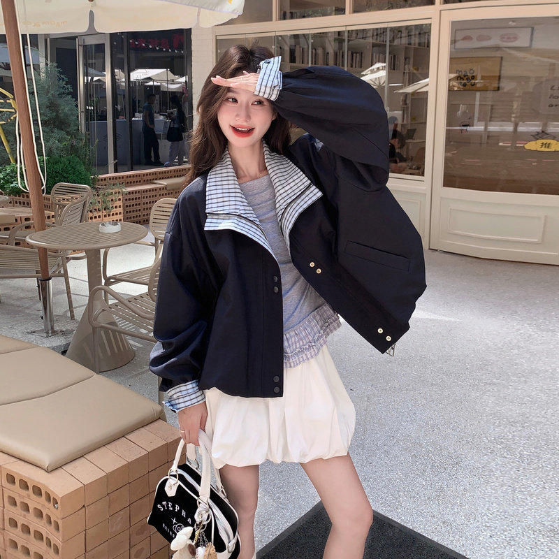 现货学院风格纹拼接夹克外套2B233-9730-P155218,女装短外套,2B233