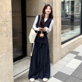 设计感法式气质显瘦套装女春秋长袖T恤V领马甲高腰阔腿裤三件套装，女装套装/套裙，2C166