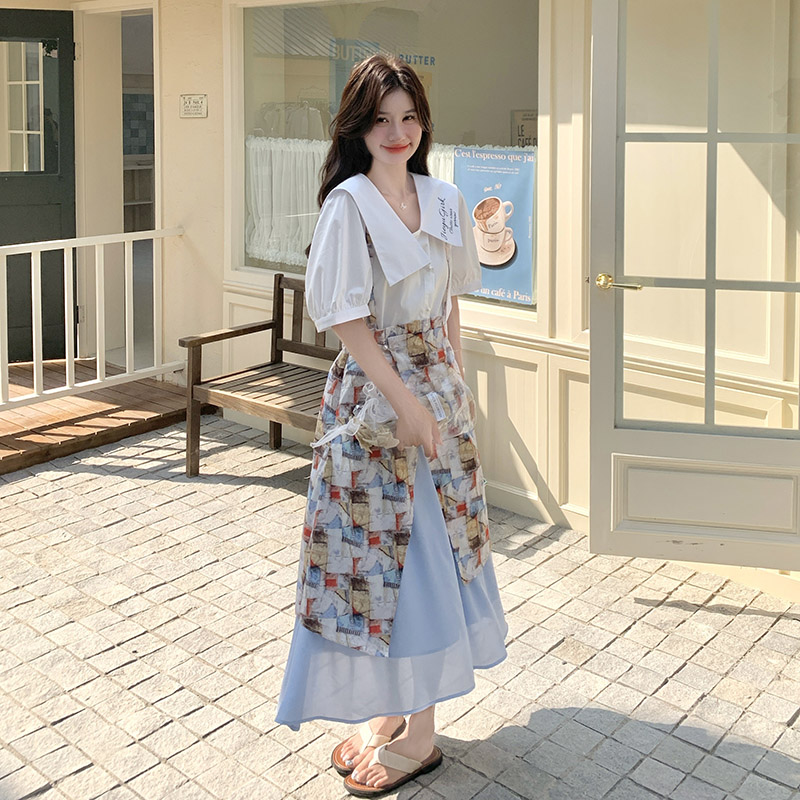 【现货】2025新款复古油画印花吊带裙+翻领衬衫拼接学院风两件套,女装连衣裙,2C238