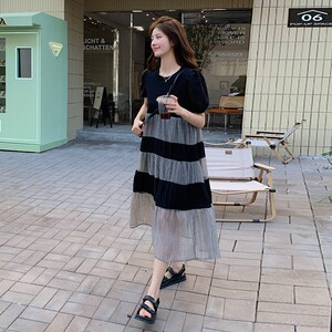 现货新款 设计感宽松休闲条纹撞色连衣裙 p115k168图片
