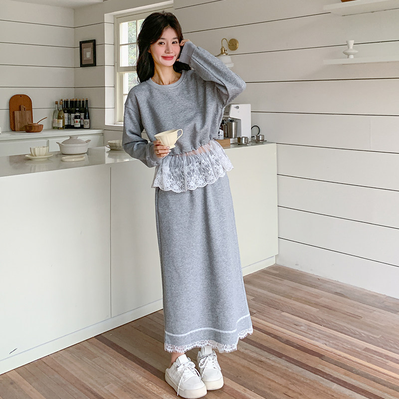 新品灰色慵懒风蕾丝卫衣开叉半身裙时尚套装5861-P150-K218,女装套装/套裙,2C159