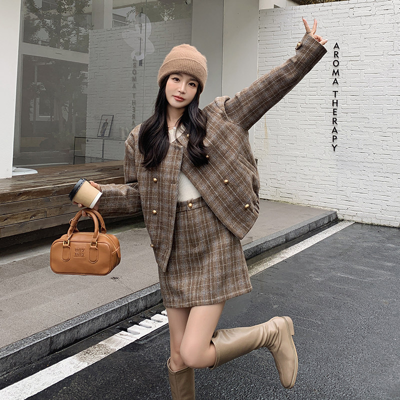 23冬装新品小香风格子夹棉加厚两件套套装2510-p175-k258,女装套装/套裙,2C159