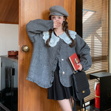 蕾丝花边娃娃领灰色短外套女春秋2025新款小个子高级感减龄森系，女装短外套，2C166