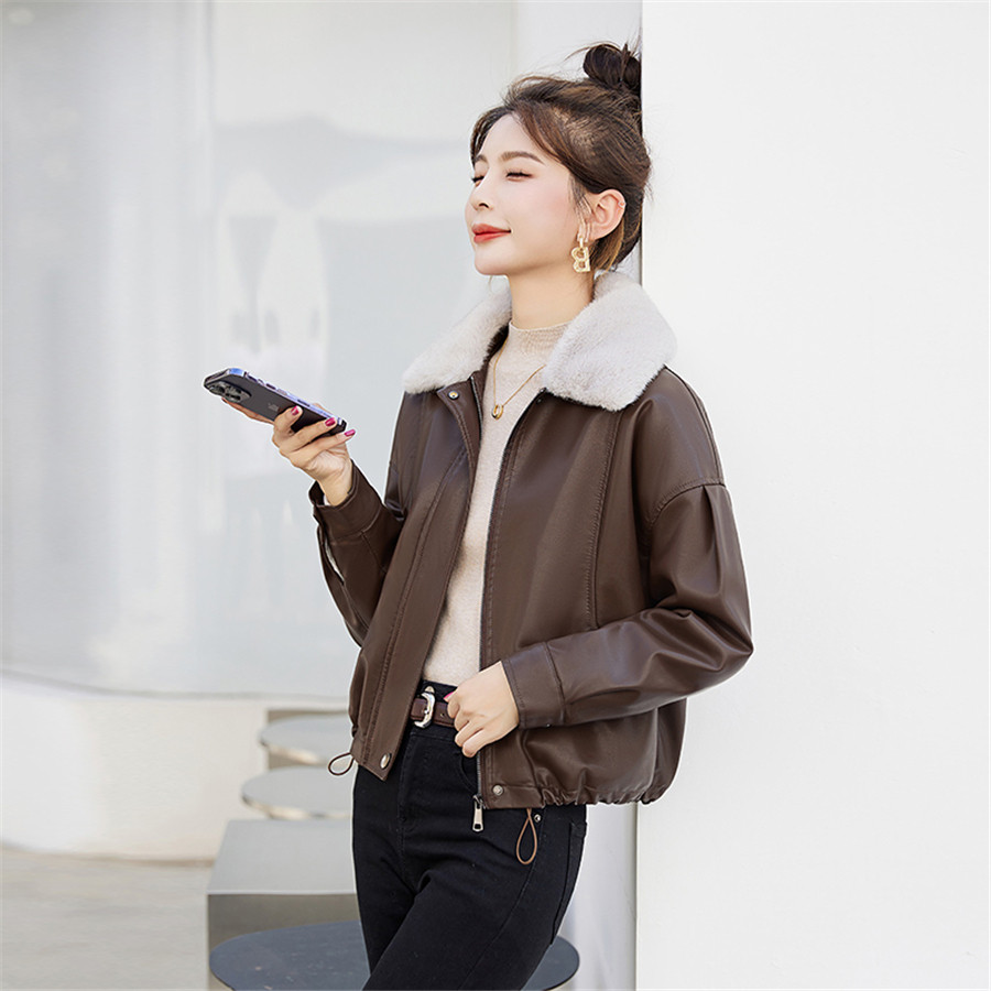 热卖！加绒加厚皮衣短外套女2025年冬季休闲抽绳显瘦上衣，女装短外套，吾爱衣,女装短外套,吾爱衣
