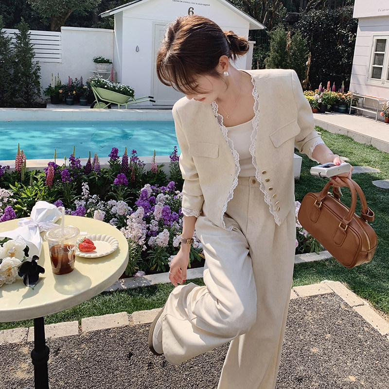 蕾丝花边拼接小香风西装套装女春秋季2025新款高级感阔腿裤两件套,女装套装/套裙,2C203