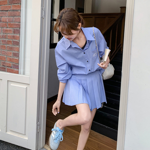 蓝色学院风衬衫套装裙女2025夏季新款韩版小个子背心百褶裙三件套图片