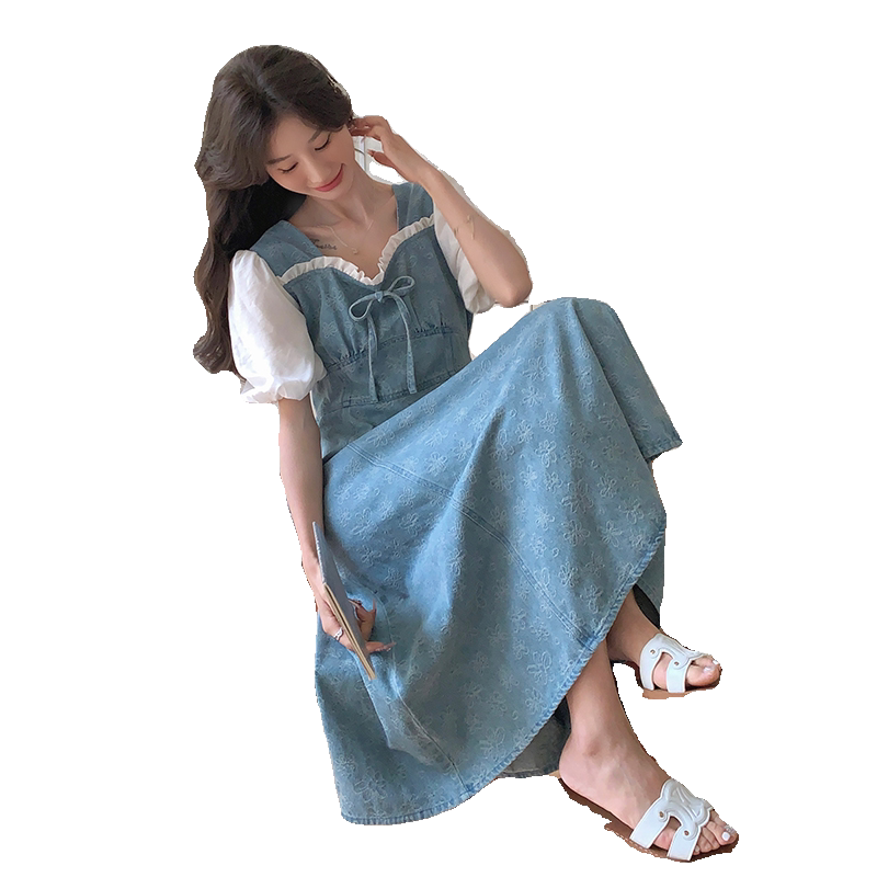 高级感气质牛仔拼接连衣裙女2025夏季新款韩版收腰显瘦别致长裙子,女装连衣裙,2C018