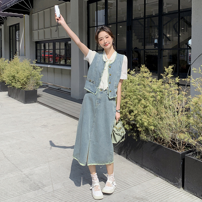 复古时尚牛仔套装裙女2024新款春夏洋气牛仔马甲衬衣半身裙三件套,女装套装/套裙,2C057