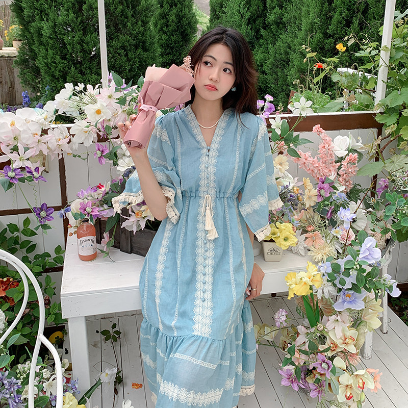 法式甜美波西米亚度假风连衣裙女2025夏季新款韩版收腰显瘦茶歇裙图片
